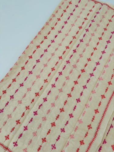 Lightweight Kutch Embroidery Pure Tussar Silk Saree | Off White | Gujarati Hand Embroidery | Ships from California